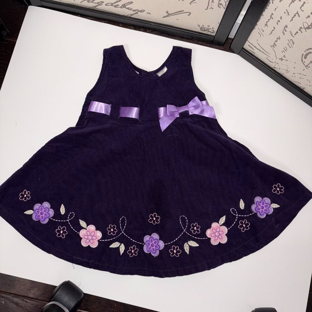 BLUEBERI BOULEVARD Purple Floral Corduroy Girl's Dress with Flowers and Bow - 2T